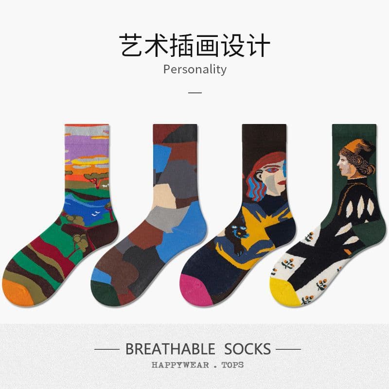 Chunqiu Personality Oil Painting Socks Cotton Socks Women Ins Street Fashion Couple Mid-Calf Socks Men Long Socks Wear Outside