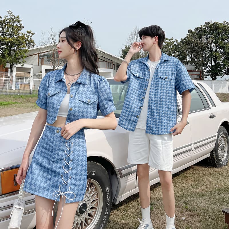 Special couple outfit, new niche design, versatile and fashionable brand houndstooth for small people, one skirt and one shirt suit