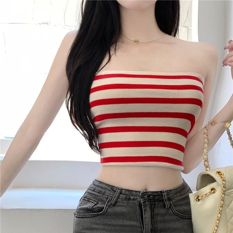 Knitted Tube Top Women's Summer Striped Sexy Strapless Vest Fitted Base Top Women's Clothing 2024 New