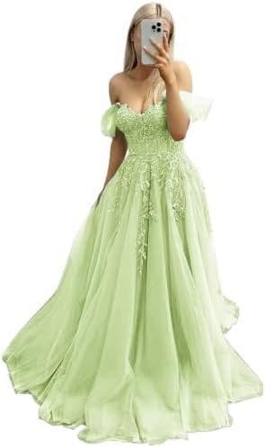 New Evening Dress Women's One-Shoulder Off-Shoulder Long Lace Applique Tulle Formal Party Gown