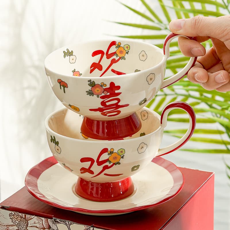 Joy Ceramic Cup and Saucer Set, Wedding Gift Mug, Festive Coffee Cup and Saucer, Housewarming Gift Box, Red Couple Cup