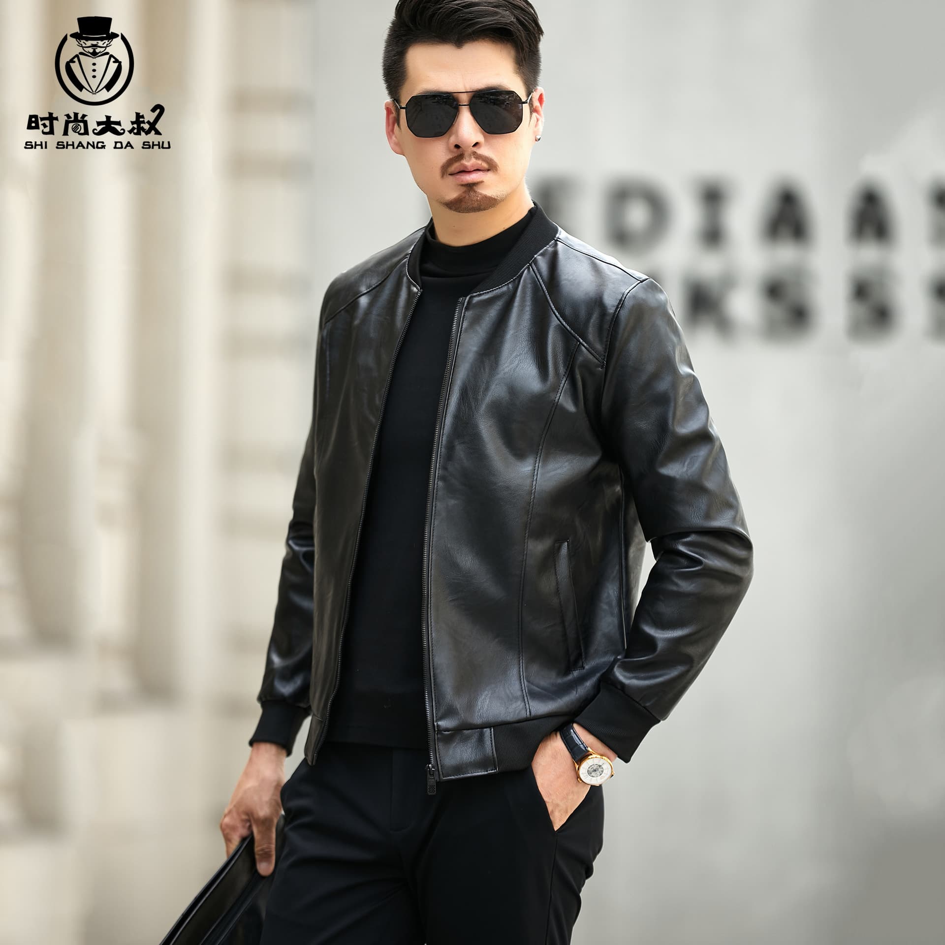 Baseball Collar Leather Jacket for Men Fall Winter Stand Collar Coat Korean Slim Fit Casual Middle-Aged Flight Jacket PU Motorcycle Wear