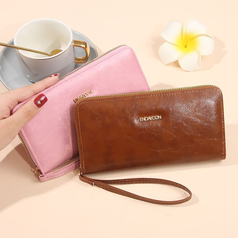 2025 Women's Long Wallet, Single Pull Wax Leather, Fashionable Large Capacity Wallet, Zipper Simple Clutch Bag