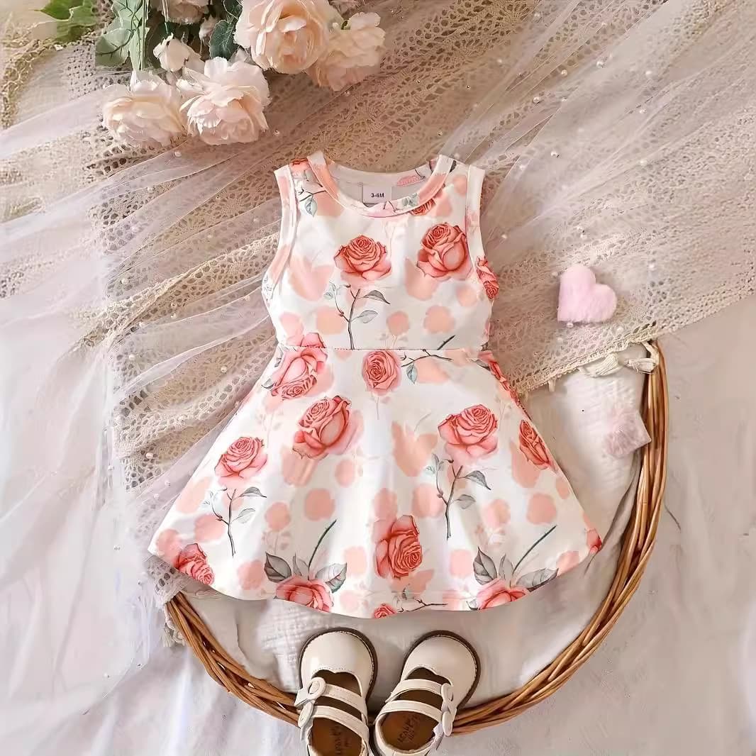 Cross-border INS Baby Girl Summer Round Neck Rose Floral Print Sleeveless Fitted Dress