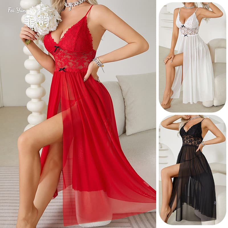 Fei Yun plus size Lingerie Sexy Mesh Lace Pajamas Split Slip Skirt Long Home Clothes Nightgown 681