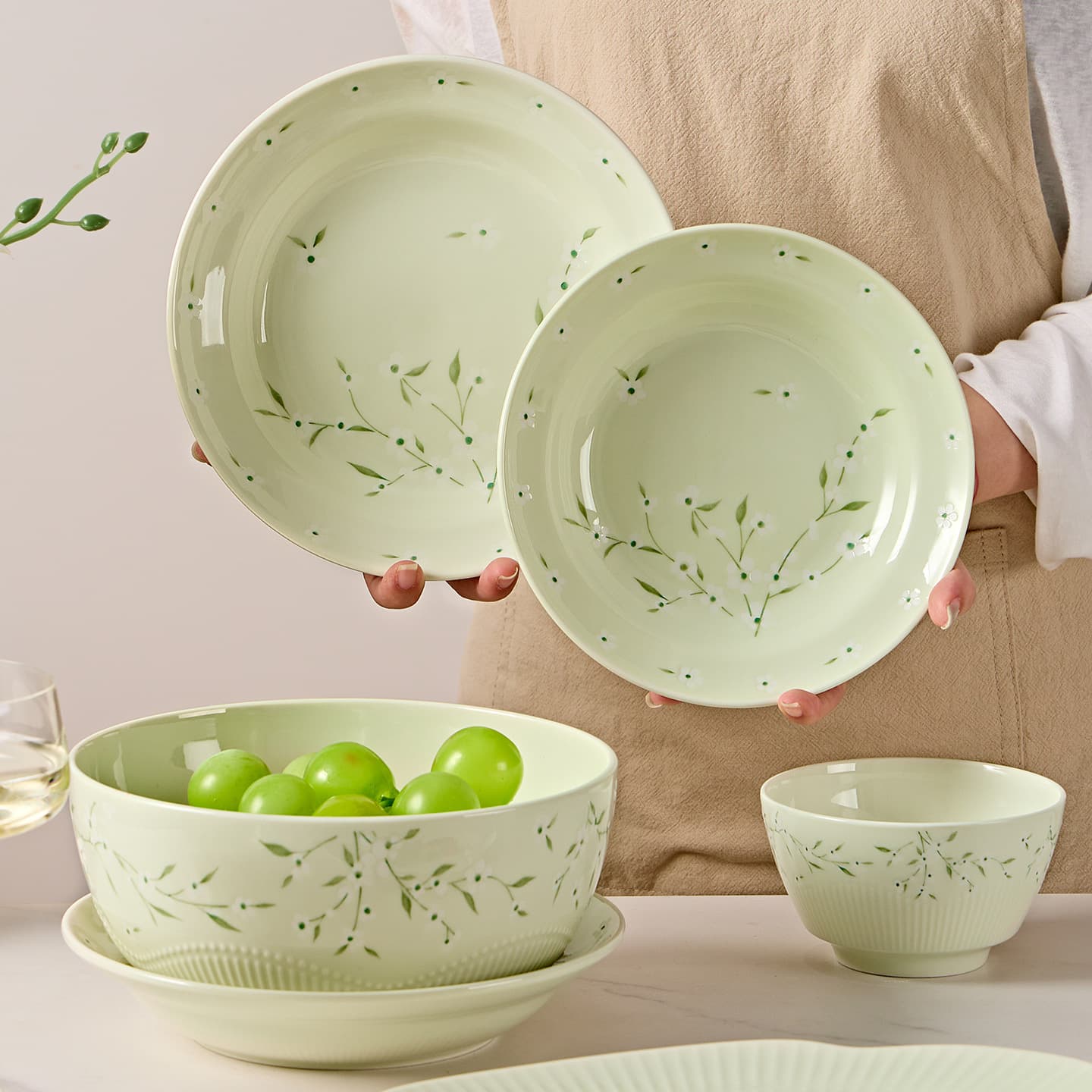 Cream light green branches and leaves embossed ceramic tableware set simple small fresh rice bowl dish plate fish plate microwave safe
