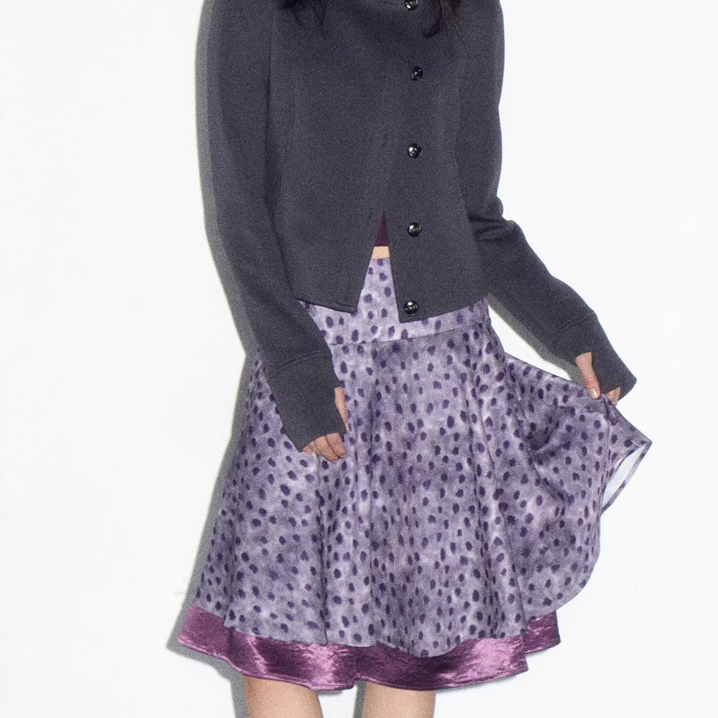 2026 Elegant Vintage Double-Layer Satin Patchwork Retro Blurred Polka Dot Skirt