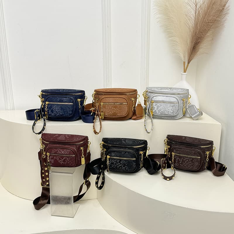 European and American Fashion Punk Style Single Shoulder Bag Multi-Pocket Sequin Niche Design Wide Strap Chest Bag Trendy Camera Crossbody Bag
