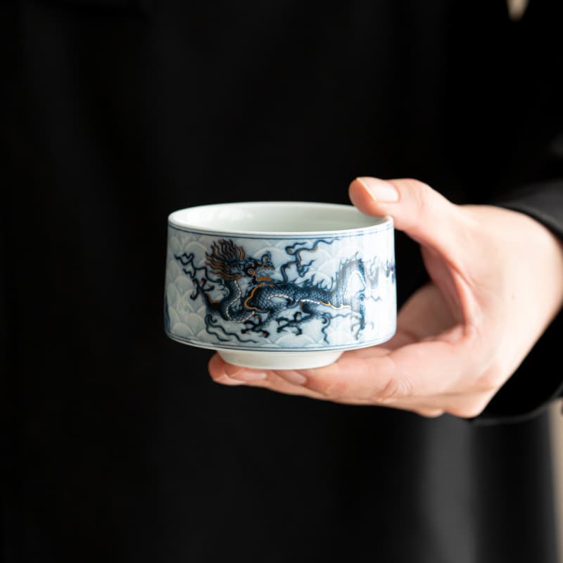 Blue and White Tea Cup, Antique Glaze with Gold and Silver Inlaid Dragon Pattern, Single Master Cup, Home Tea Cup, Kung Fu Tea Set, Ceramic Tea Tasting Cup