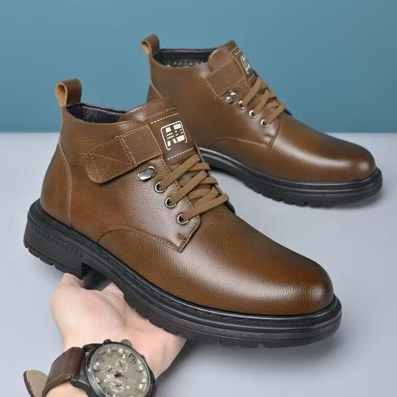 Men's Winter Cotton Shoes with Fleece Lining, Warm, Non-Slip, High-Top Casual Boots, Business Cotton Leather Shoes, Thickened, Drop Shipping