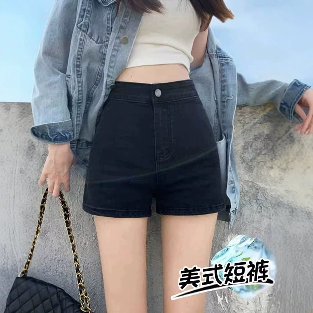 Retro stretch jeans for women ins trendy black thin hot pants straight shorts summer high waist versatile hip-hugging pants