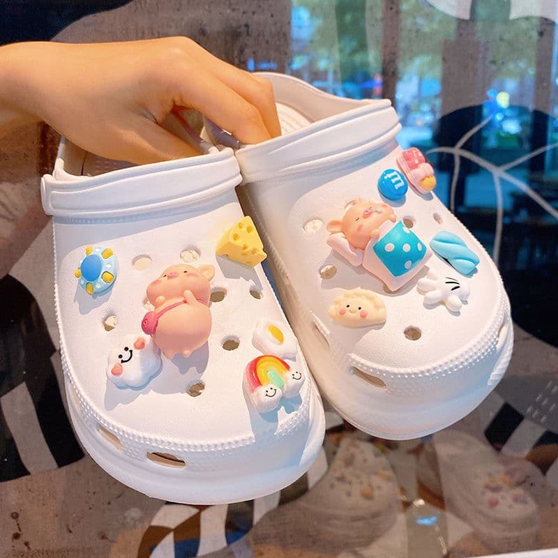 Lying Pig Cheese Croc Shoe Decoration Set 3D Cartoon Pink Pig Cloud Rainbow PVC Shoe Charms Detachable