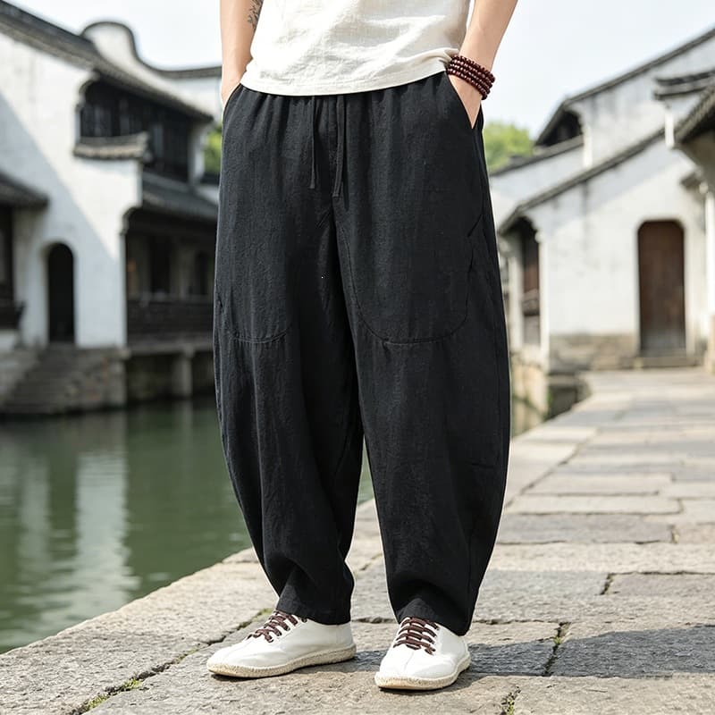 Linen Pants for Men Summer New Cotton Linen Trousers Chinese Style Loose Straight Leg Curved Knife Pants Zen Casual Pants