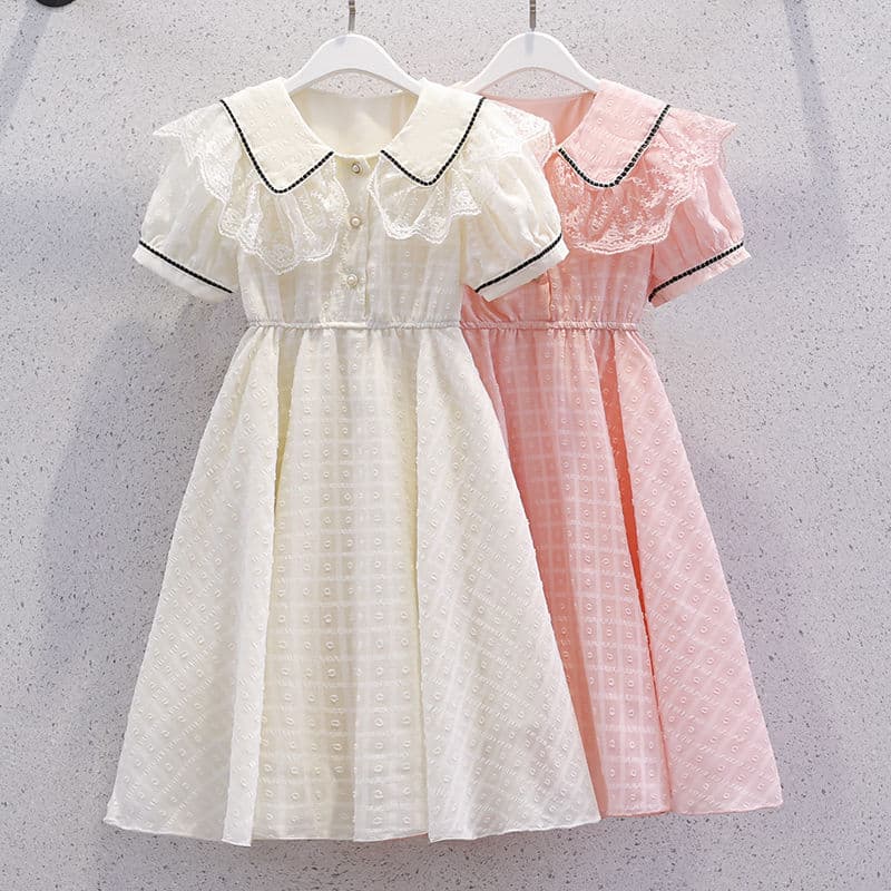 Girls' Little Chanel Style Summer Dress, Lace Peter Pan Collar Princess Dress, Lightweight Children's Chiffon Long Dress