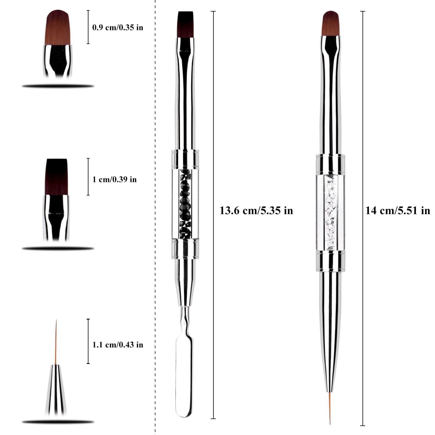 Dual-Ended UV Gel Nail Brush Set - 2 Nail Building Brushes for Color Mixing and Gel Application, Steel Cuticle Pusher, Long-Handle Nail Art Brushes