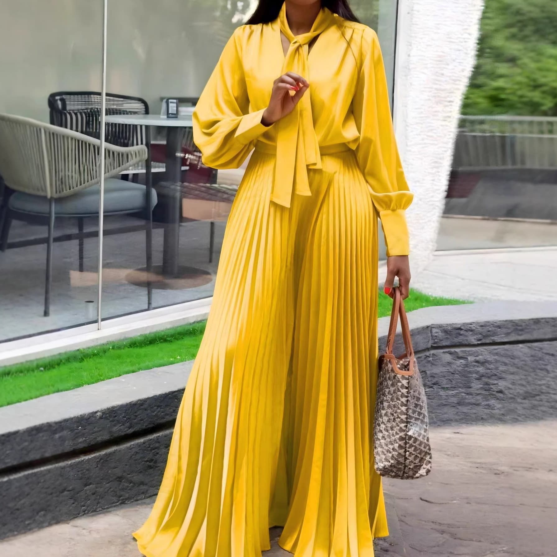 European and American Sexy V-Neck Bow Long-Sleeve Top Elegant Pleated Wide-Leg Pants Set Two-Piece Set