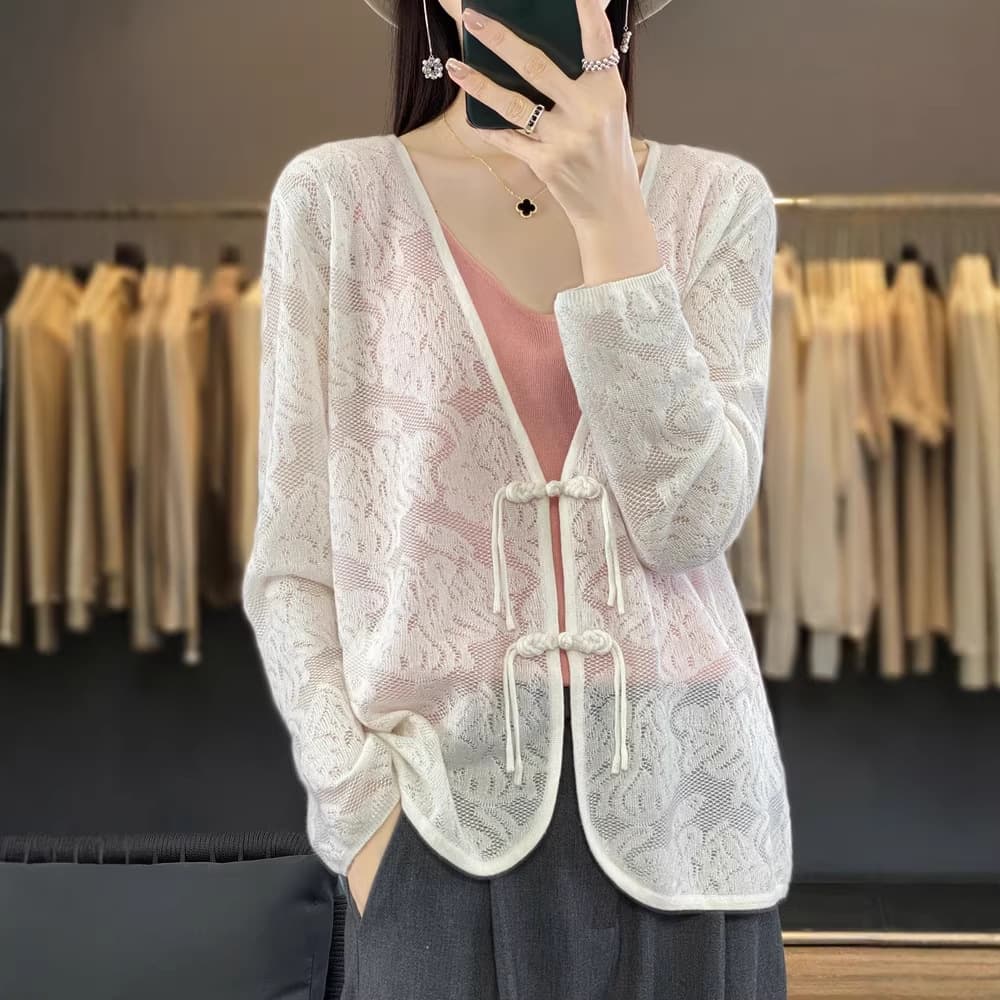 New Chinese Style Floral Hollow Button Sun Protection Cardigan for Women, Designer Loose Knit Hollow Out Cardigan