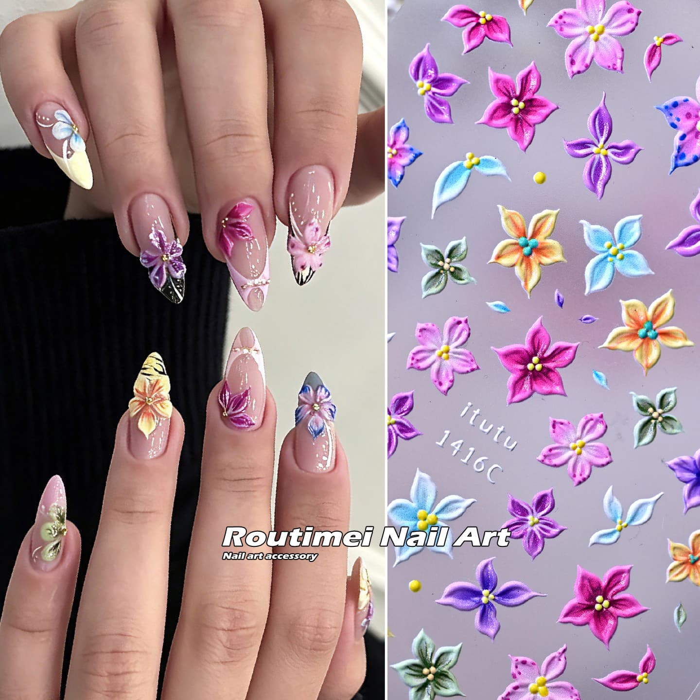 Routimei New Hot Selling Carved Nail Art Stickers Five-Petal Flower Spring Ice Flower Hand-Painted Embossed Adhesive Ins Style