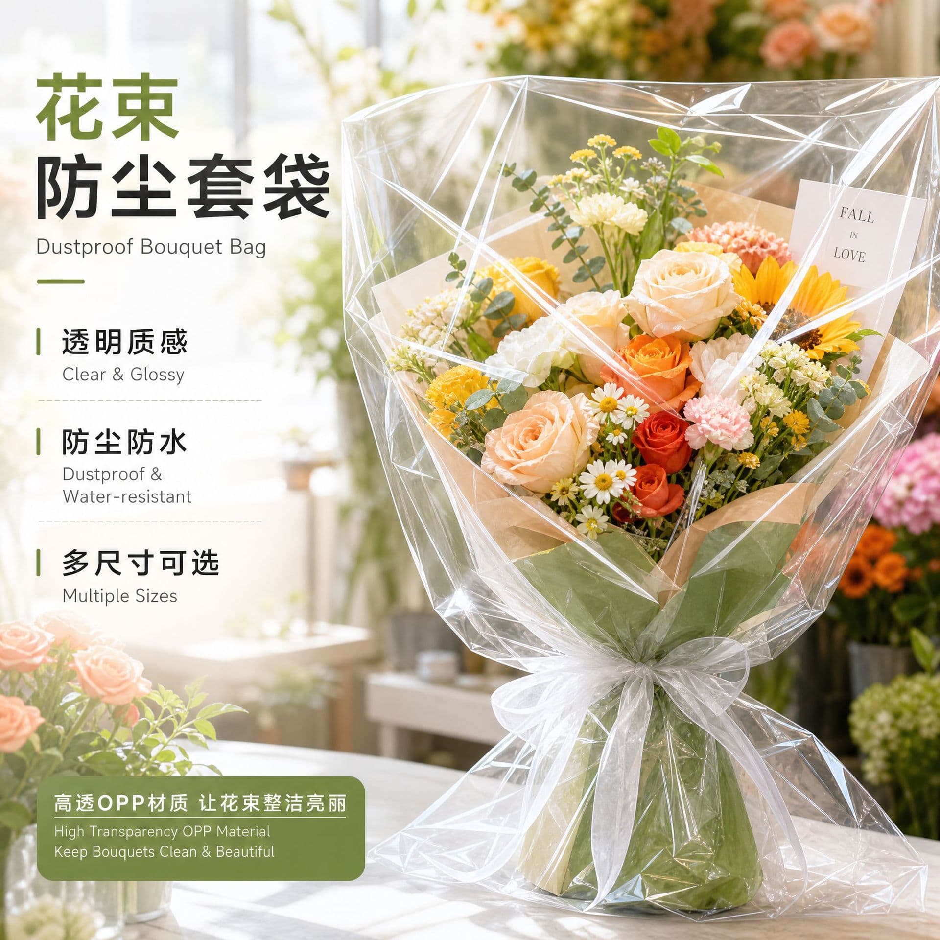 Fresh Flower Bouquet Transport Dustproof Bag, Waterproof Transparent OPP Cellophane Water Retention Bag, Material for Flower Box and Basket Delivery Bags