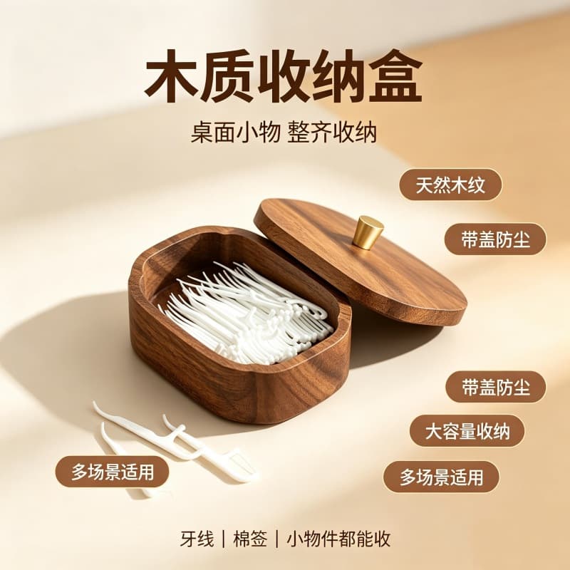 Walnut Oval Cotton Swab Storage Box with Handle Dust Cover, Cosmetic Cotton and Dental Floss Organizer, Home Floss Box