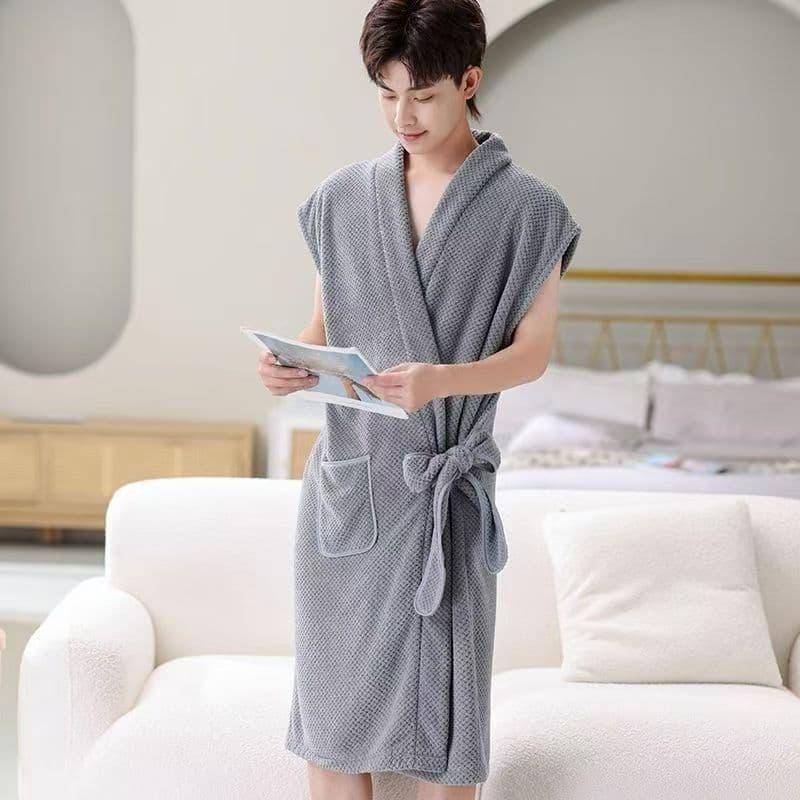 Men's Bathrobe with Pineapple Grid Pattern, Absorbent Short-Sleeve Robe for Couples and Students