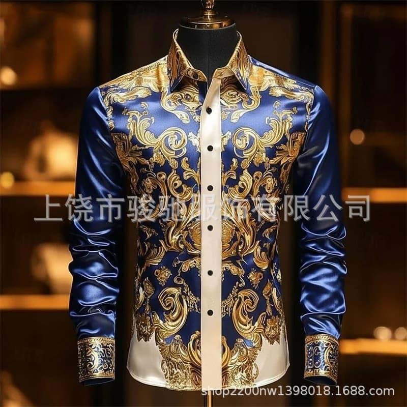Cross-Border Hot Selling Men's Royal Blue Gold Shirt Vintage Baroque Print Long Sleeve Formal Wear Factory Direct Supply