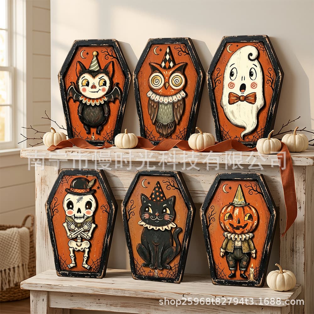 Cross-border Halloween desktop ornaments wooden cat tray decorative ornaments Halloween desktop scene layout