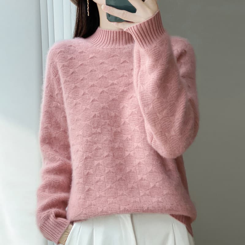 Thickened bow jacquard cardigan sweater for women autumn and winter new design half turtleneck wool bottoming shirt top