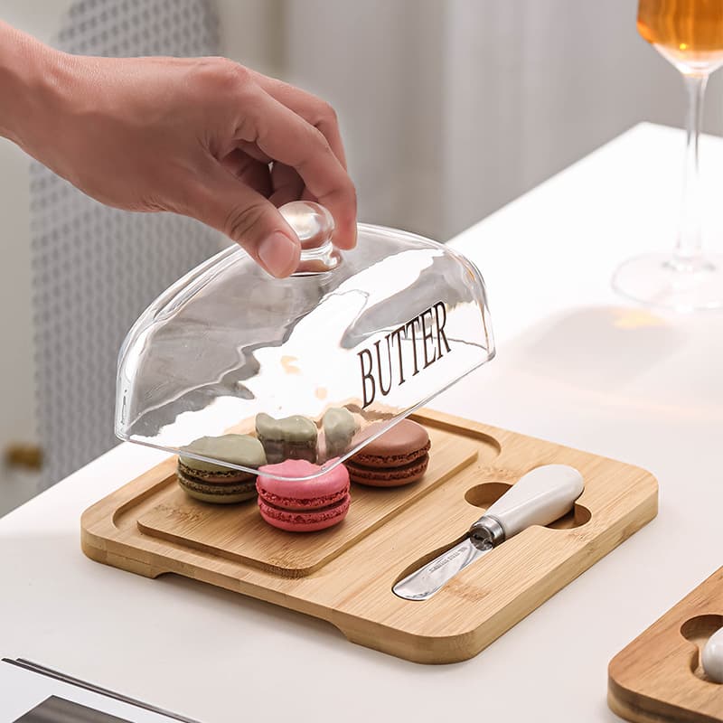 Cross-border Hot Selling Wooden Butter Dish with Glass Lid, Butter Knife, Cheese Butter Cake Dessert Display Stand