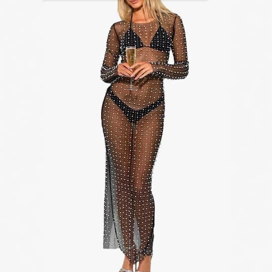 Sexy Long Sleeve Dress Beaded Mesh Cover Up Beachwear New Hot Sale Of The Season Elegant Women's Dress from Mainland China Regular