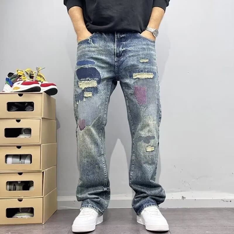 2026 Retro Ripped Jeans Men's Trendy Brand Personalized Scratched Patch Embroidered Slim Straight Men's Jeans