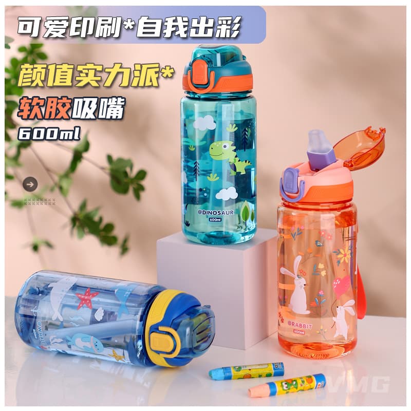 Trendy Large Capacity Outdoor Portable Plastic Water Bottle Straw Cup for Students And Children 600ml Cool Cartoon Design