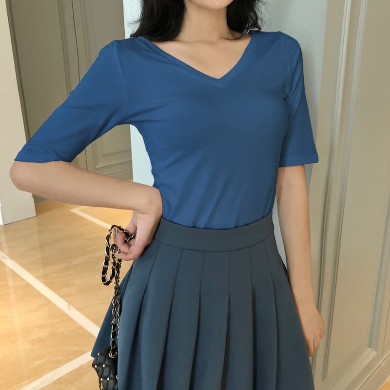 Korean style slim fit top for women 2023 spring and summer new style double v-neck solid color t-shirt mid-sleeve bottoming shirt trendy 422