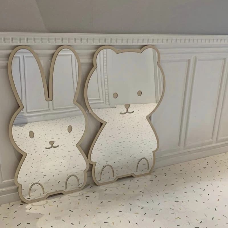 Cross-border ins style creative wooden frame mirror cute bear rabbit decorative mirror children's room hanging decoration