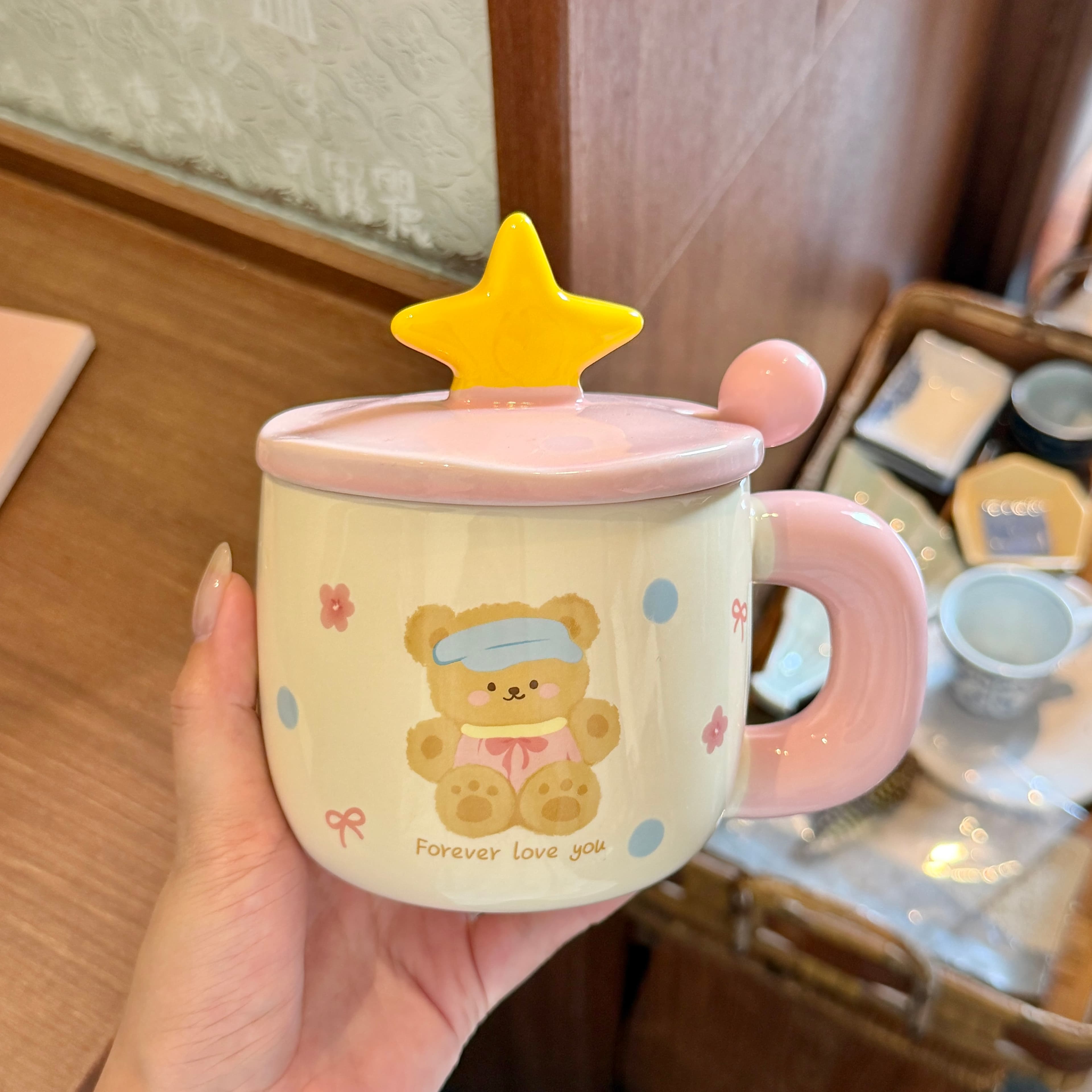 Good-looking bear mug with covered spoon ins style cup ceramic household female water cup couple coffee breakfast cup