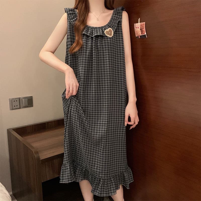 Summer Spaghetti Strap Nightgown Backless Cotton Korean Plaid Ins Princess Style Sleep Dress Women Homewear