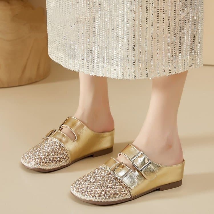 Half slippers with diamond hollow toe cap for outer wear 2026 popular summer mesh rhinestone breathable half slippers for women for adults