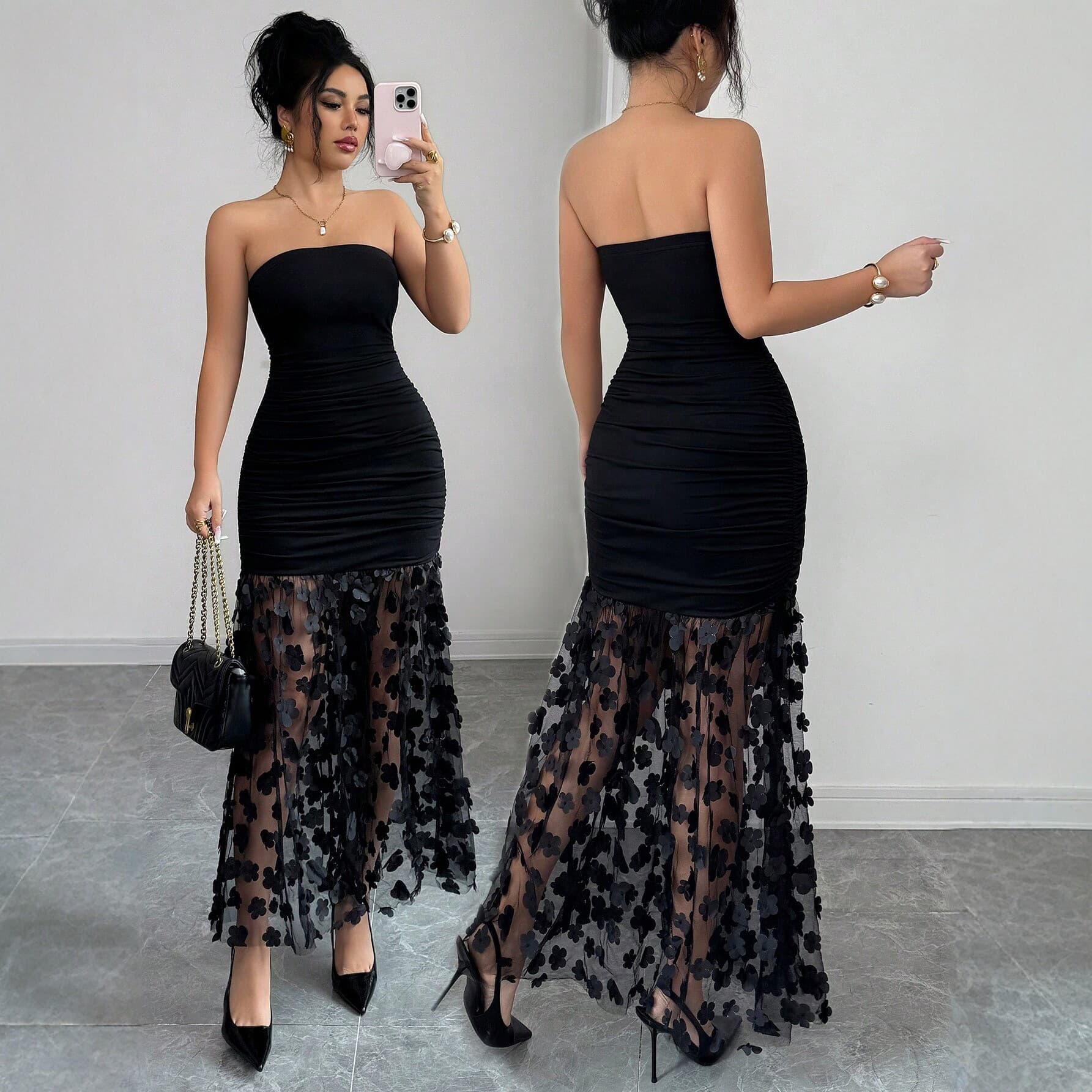 Amazon AliExpress Women's Fashion Black Sleeveless Strapless Lace-Up Long Dress for US/EU Cross-Border