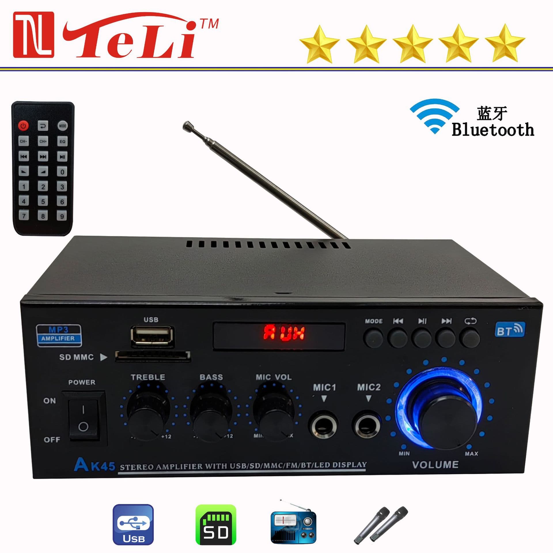 Cross-border Mini AK45 Bluetooth USB Radio 12V/110V-220V AC/DC Car Digital Amplifier