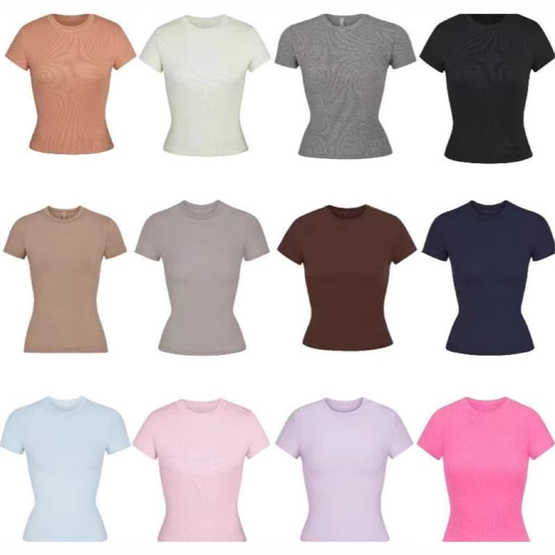 Skims Kim Kardashian Top T-Shirt Short Sleeve Stretch Slim Fit Kylie Same Style Ribbed Pure Cotton Round Neck Base Layer