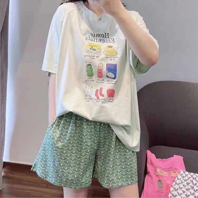 Women's Summer Casual Loungewear Pajama Set Short Sleeve Shorts Loose Comfortable Wear-Out Style