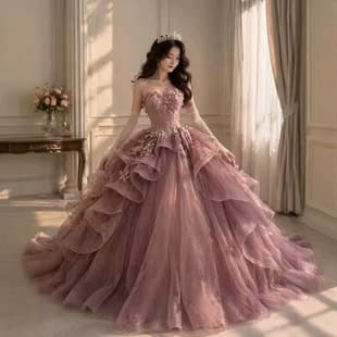 European and American Heavy Craft 3D Floral Train Wedding Dress Strapless Long Sleeve Full Skirt Banquet Evening Gown Factory Stock