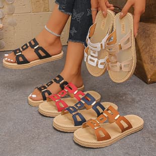 2026 European and American Plus Size Flat One-Strap Sandals Women Cross-Border Vintage Casual Lightweight Beach Sandals