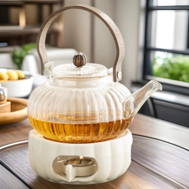 Glass Flower Tea Pot Set, Thickened High Borosilicate Heat-Resistant Pumpkin Pattern Teapot with Handle, Suitable for Electric Ceramic Stove