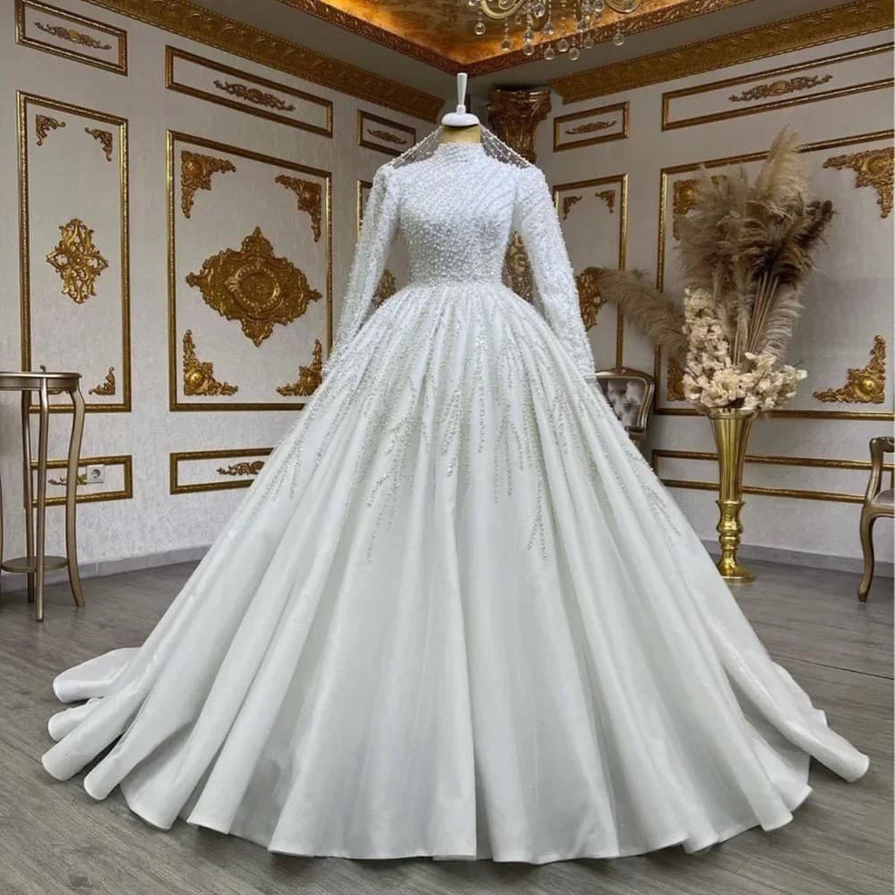 Cross-Border Long Sleeve Heavy Beaded Bridal Wedding Dress Luxurious European and American Trailing Wedding Dress Puffy Skirt High Neck Satin
