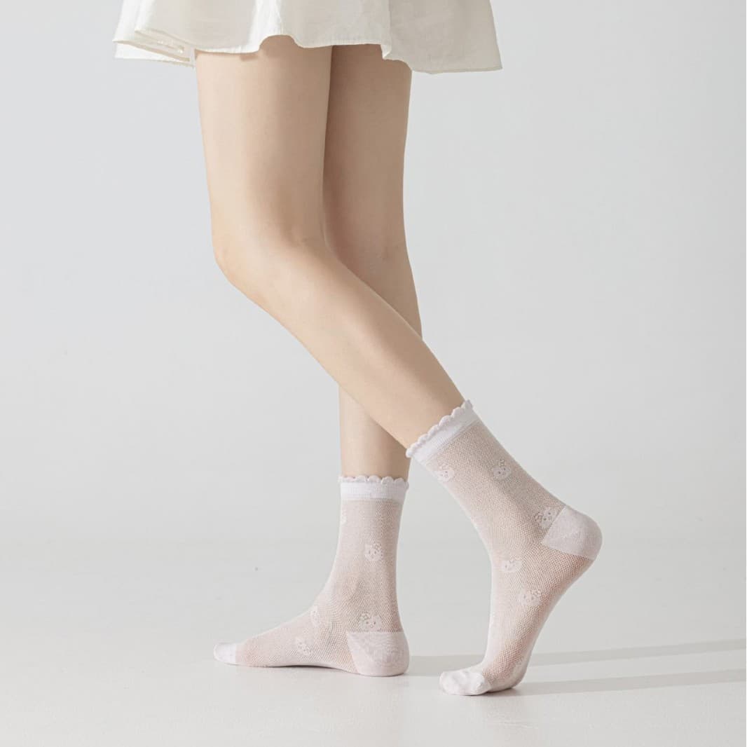 Cross-border FM Women's Mulberry Silk Spring Summer Autumn Mesh Hollow Cat Bubble Socks Ins Japanese Korean Mesh Miu Ballet Stacking Socks