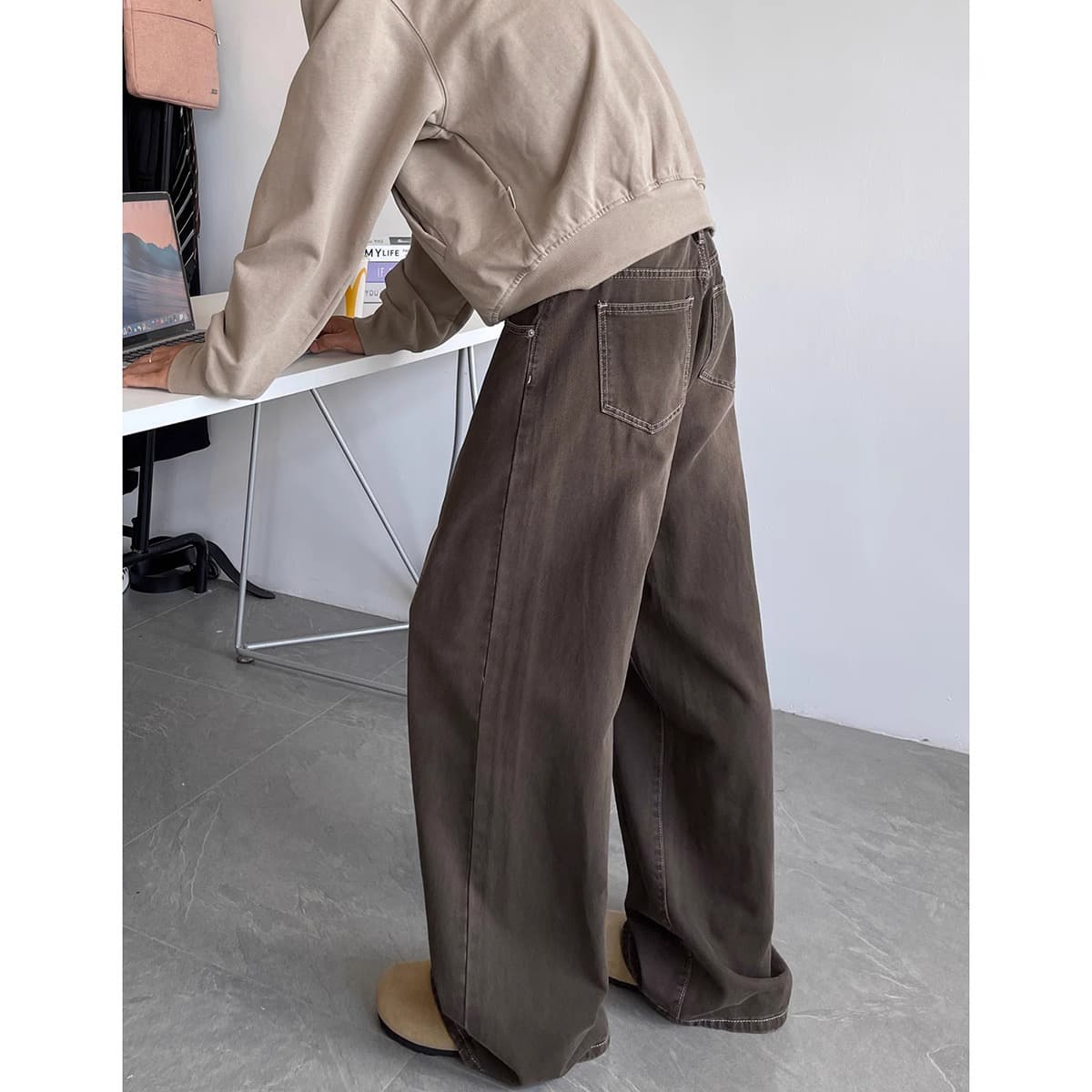American-style washed brown jeans for men, autumn trendy brand Cleanfit high street versatile casual loose wide-leg trousers