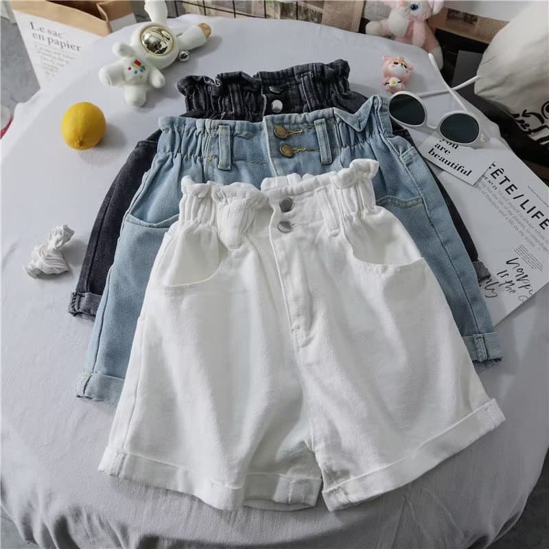 Casual Versatile Elastic Waist Cuffed Denim Shorts Women Summer New Korean Loose Slimming Wide Leg Hot Pants