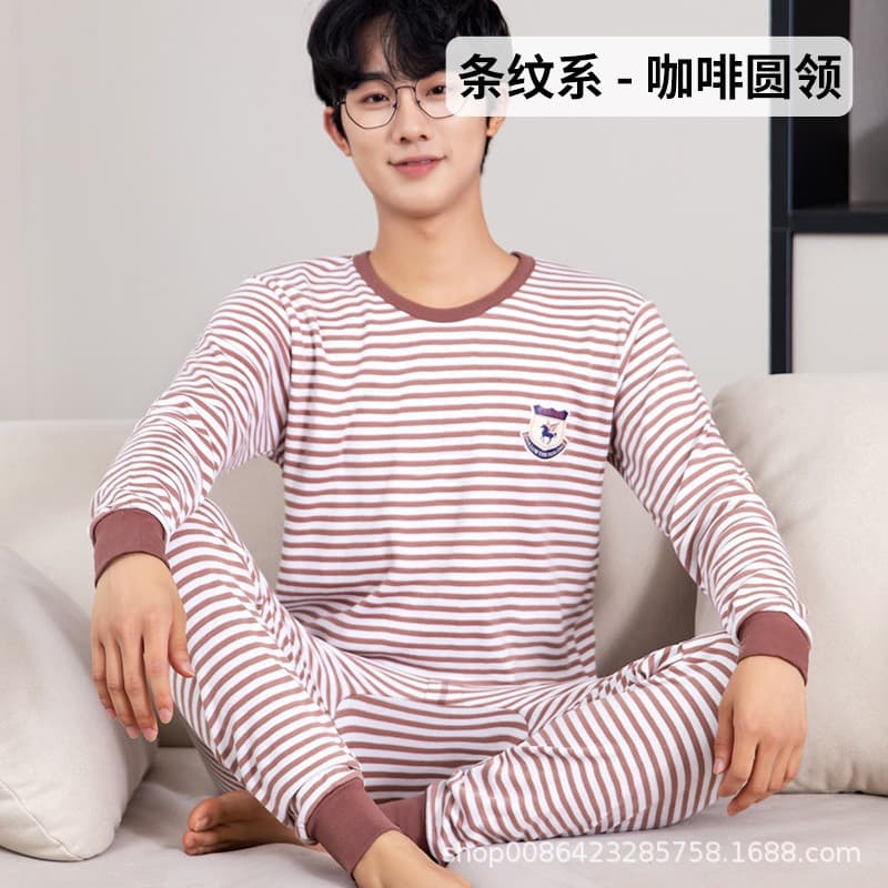 Youth Thermal Underwear Set for Boys Teens Middle School Students Simple Striped Close-Fitting Warm Cotton Pajamas