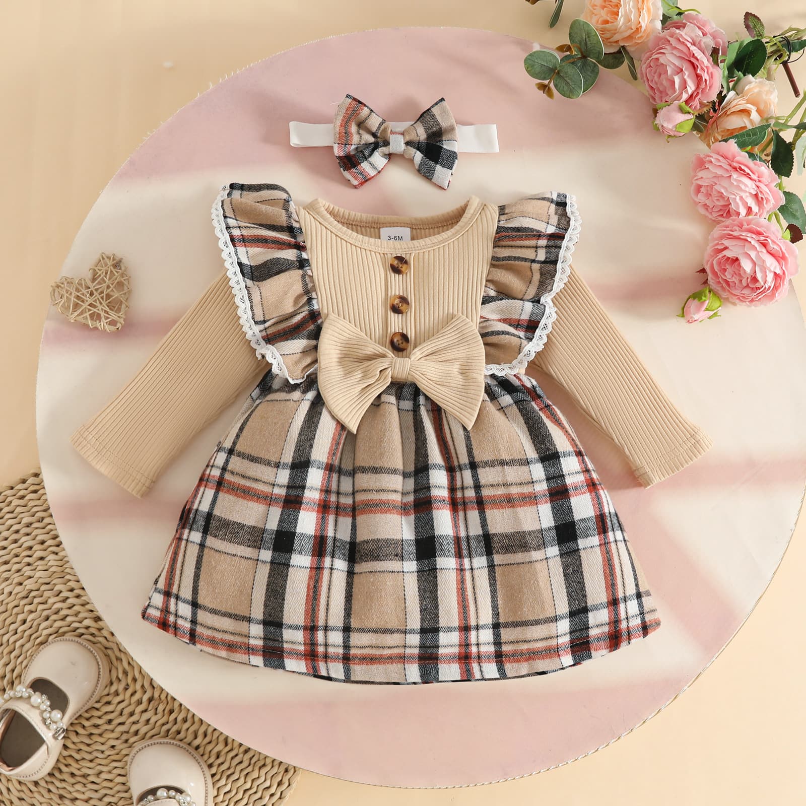 European and American Baby Girls' Long Sleeve Dress with Ribbed Woven Fabric Patchwork, Classic Plaid Bow Dress for Fall and Winter